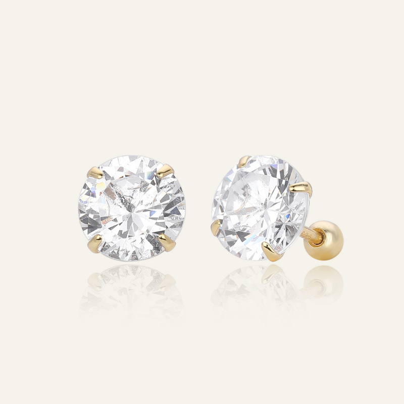 S925 silver gold plated 4-prong round cubic zirconia stud earrings with ball screw back