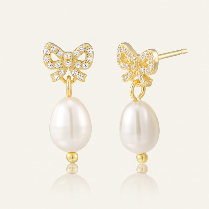 S925 silver gold plated bow cz freshwater pearl drop earrings