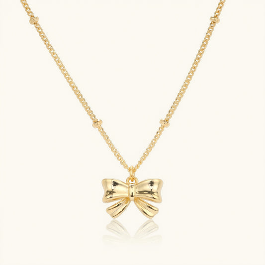 S925 silver gold plated bow necklace with beaded chain