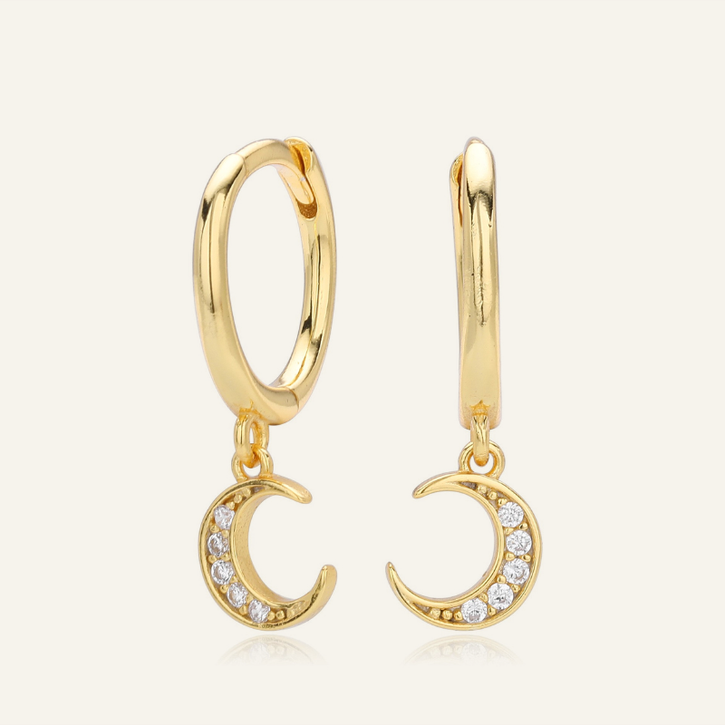 S925 silver gold plated crescent moon cz drop hoop earrings