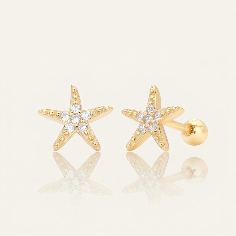 S925 silver gold plated cz starfish stud earrings with ball screw back