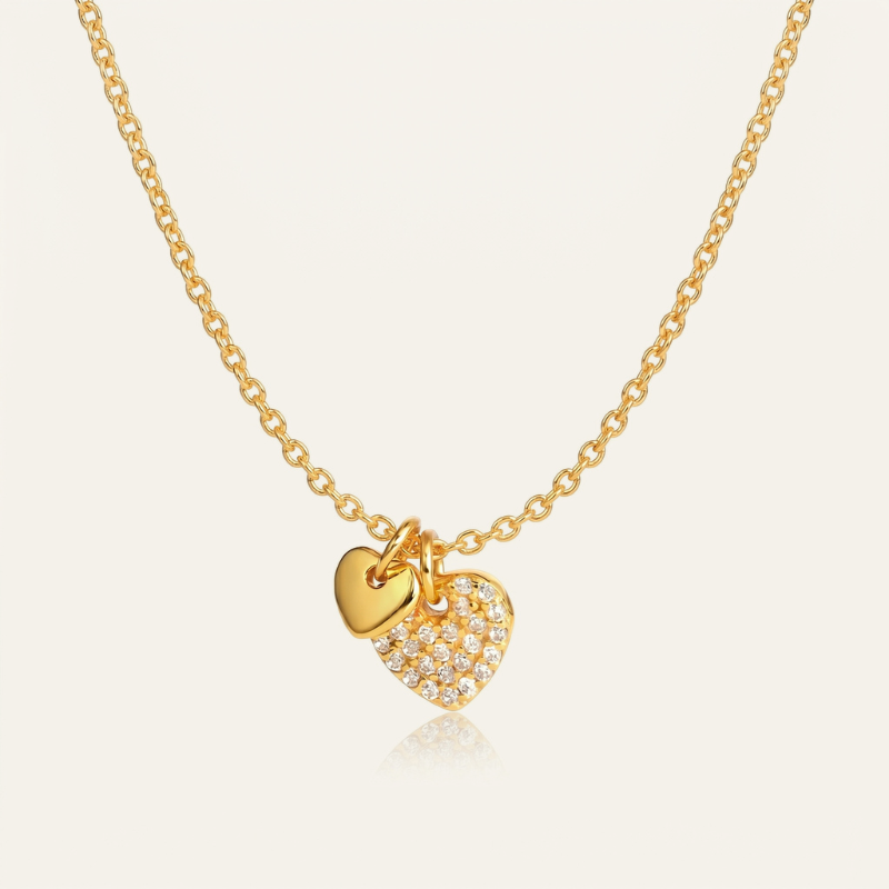 S925 silver gold plated dual heart necklace with pave cz