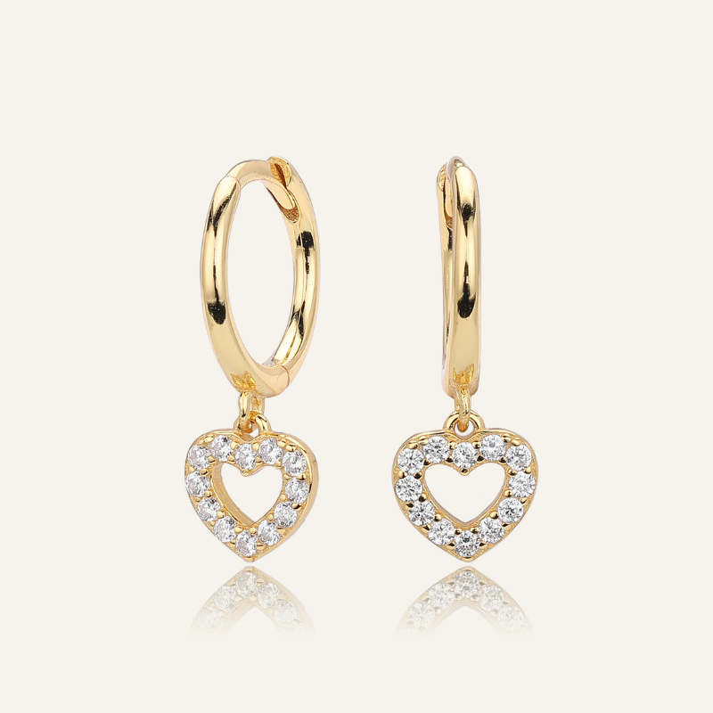 S925 silver gold plated hollow heart cz drop hoop earrings