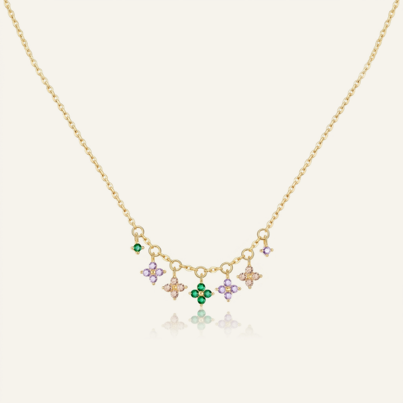 S925 silver gold plated multi-color clover charm necklace