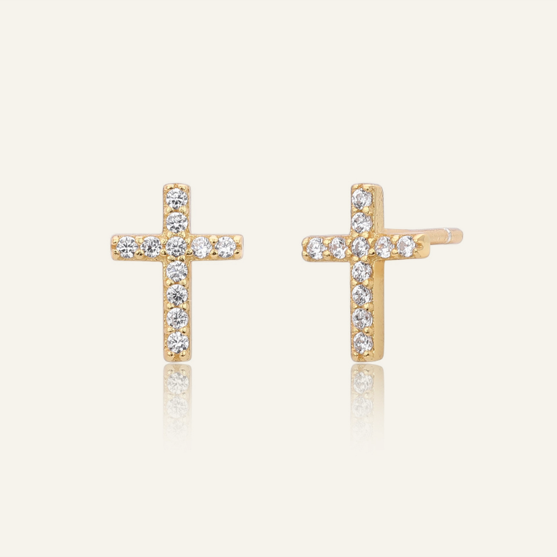S925 silver gold plated pave cross stud earrings