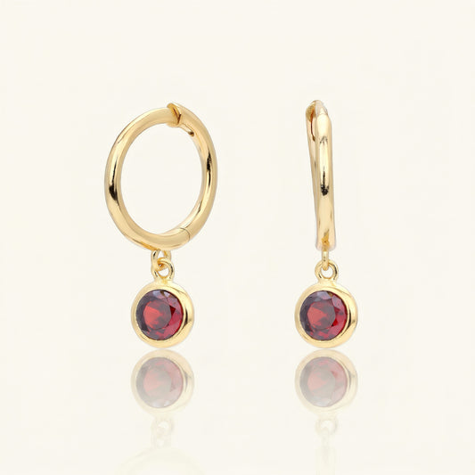 S925 silver gold plated round birthstone cz drop hoop earrings (January Garnet Red)