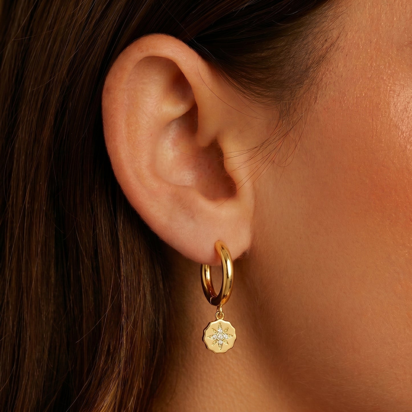 S925 silver gold plated starburst cz drop hoop earrings - worn on ear
