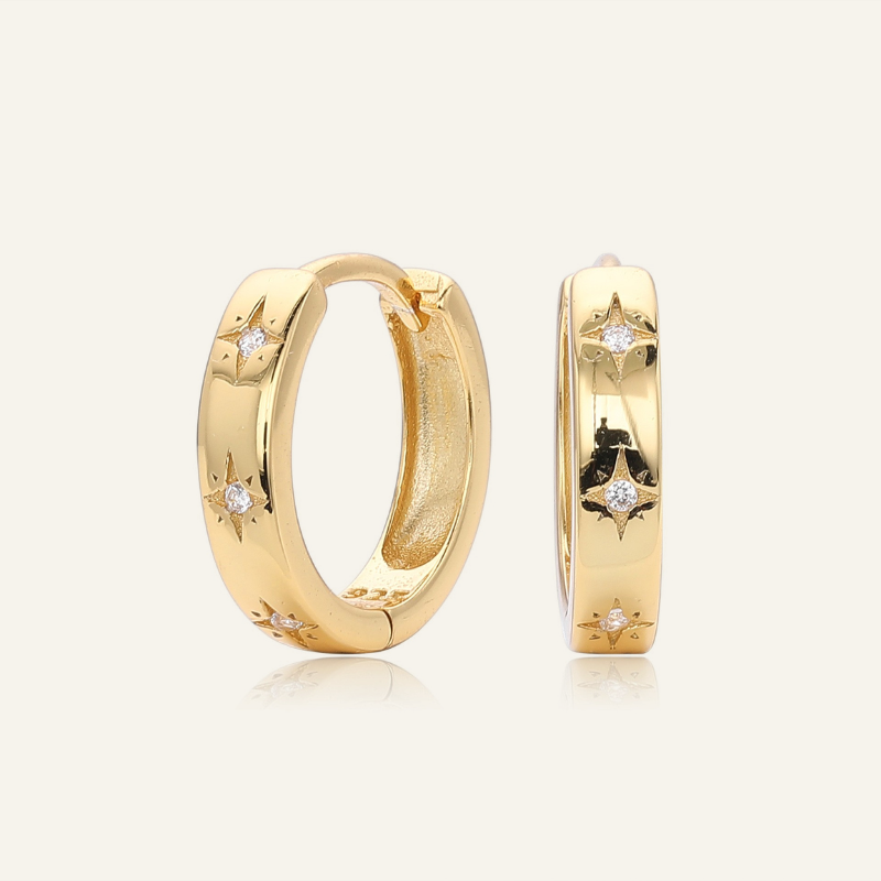 S925 silver gold plated starburst cz huggie hoop earrings