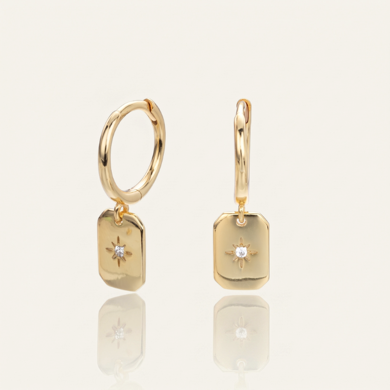 S925 silver gold plated starburst tag drop hoop earrings