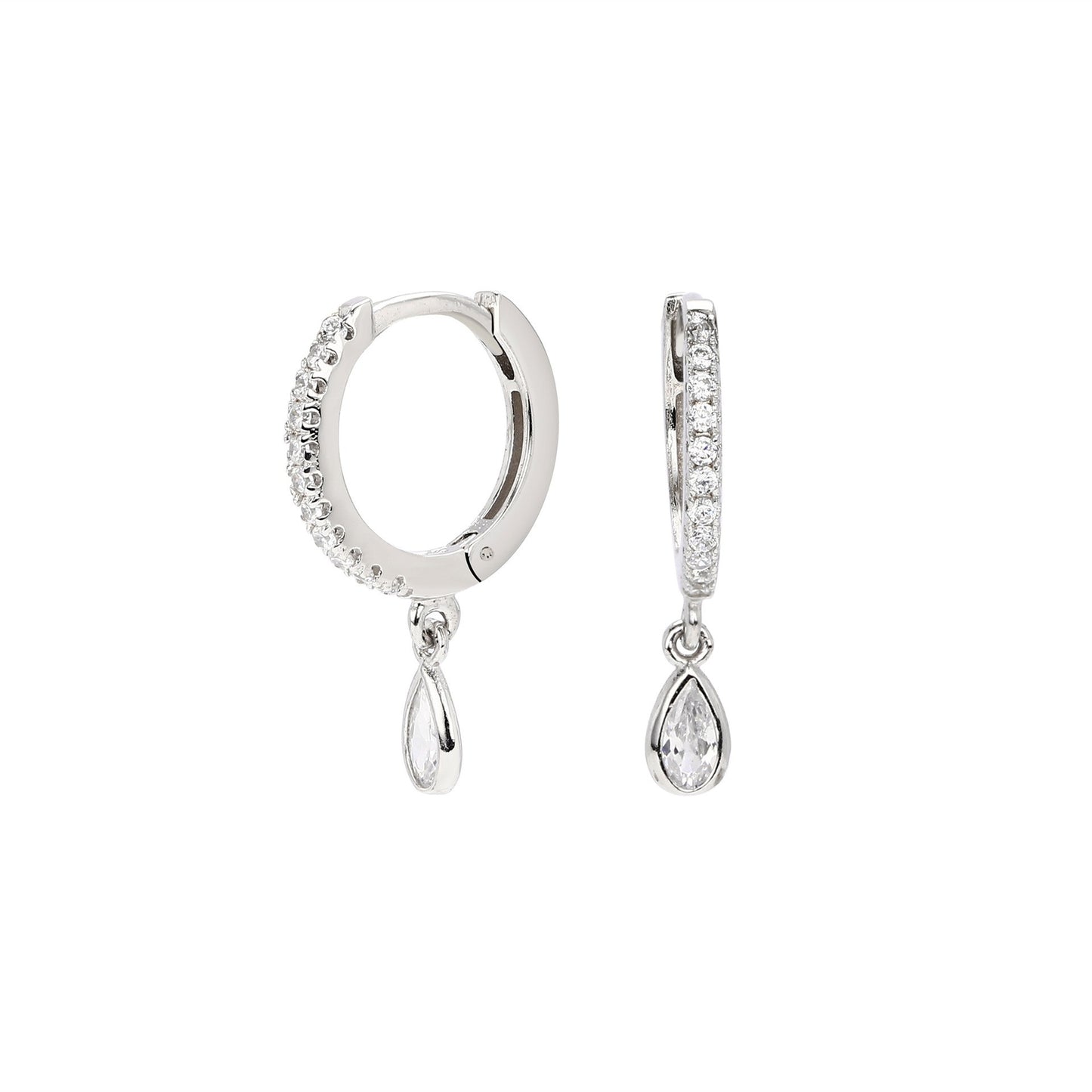 S925 silver pave teardrop cz drop hoop earrings - front and side view