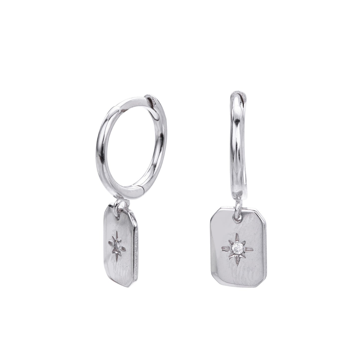 S925 silver starburst tag drop hoop earrings