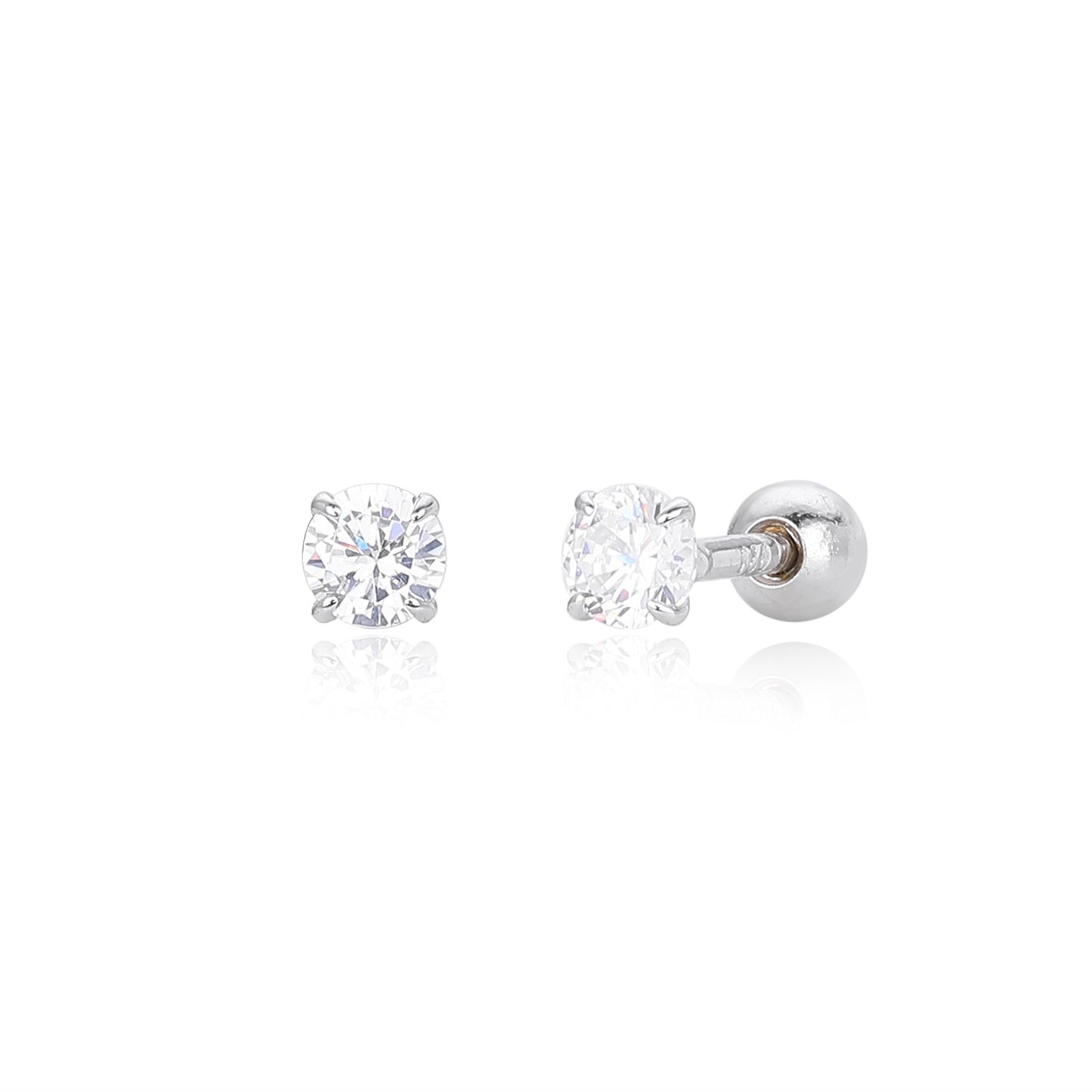 Small size S925 silver 4-prong round cz stud earrings with ball screw back