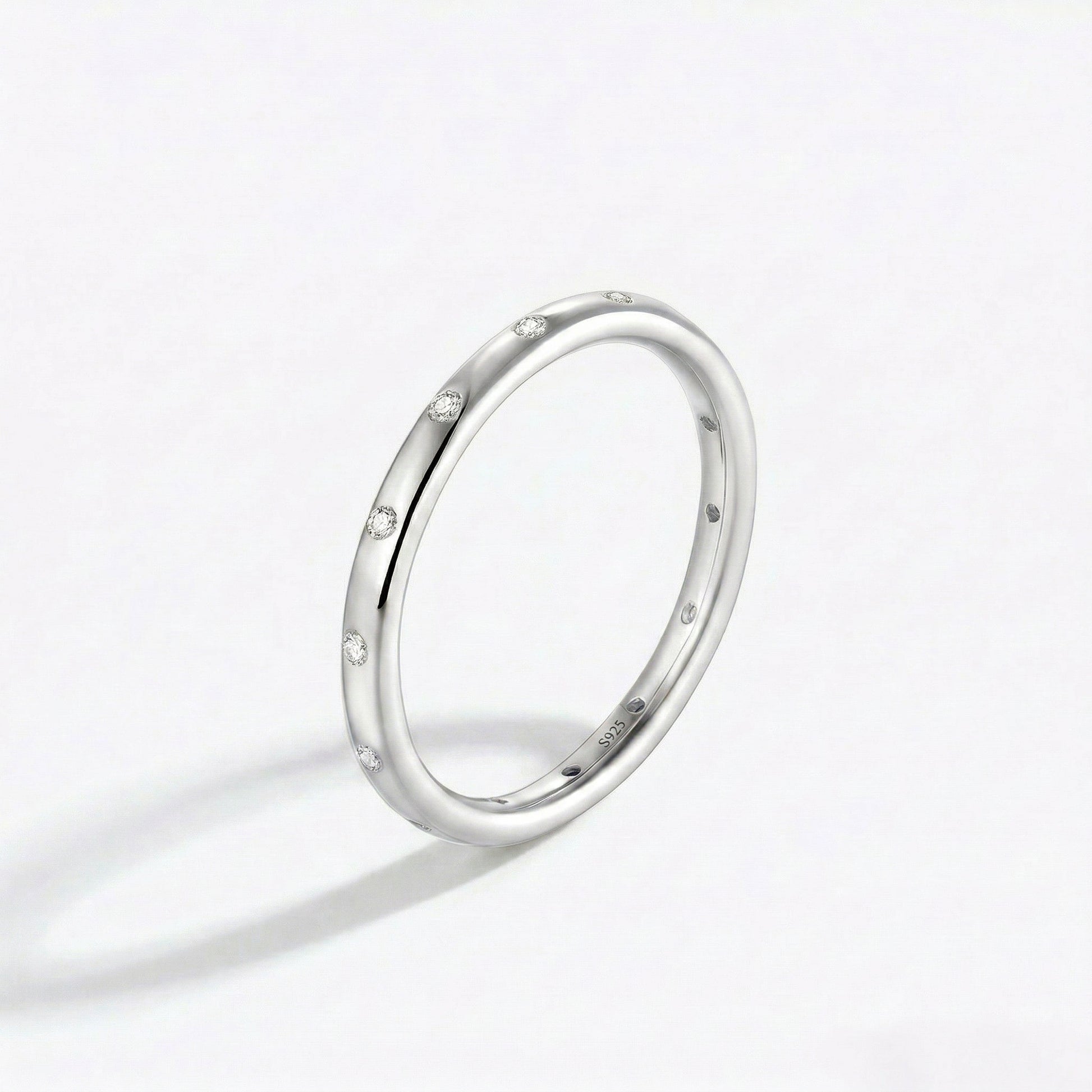 S925 silver rhodium plated cz-embedded thin band ring